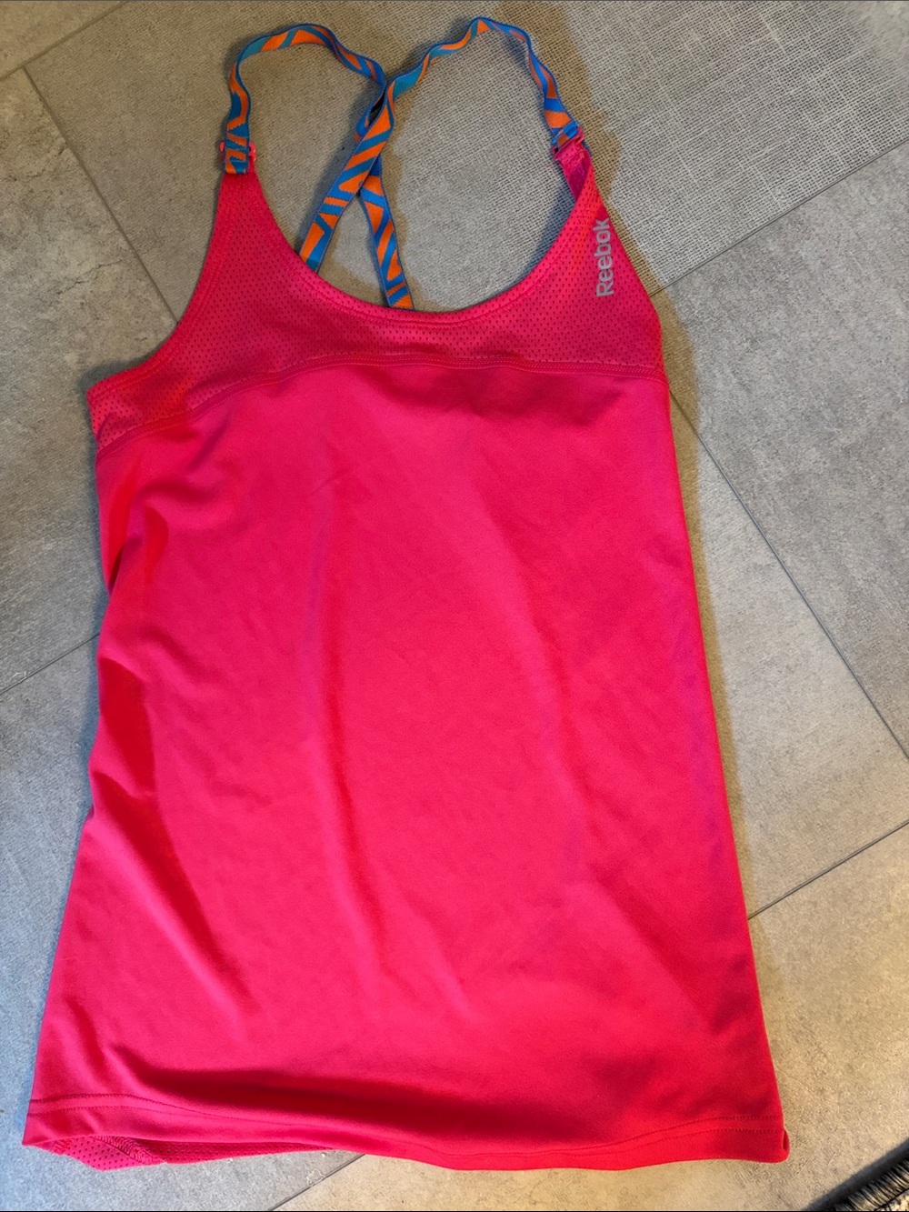 Reebok Bright Pink Tank with Blue-Orange Patterned Straps